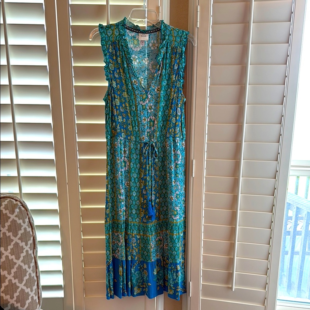 Knox Rose floral midi maxi dress ruffle sleeve blue green summer spring resort
